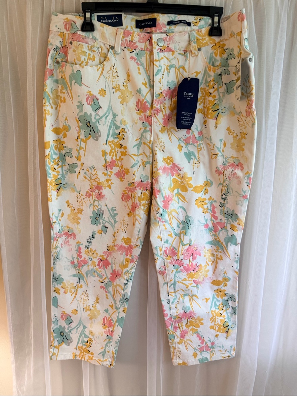 Charter Club Floral Cropped Jeans - White with Pink, Yellow & Mint NWT sz 14